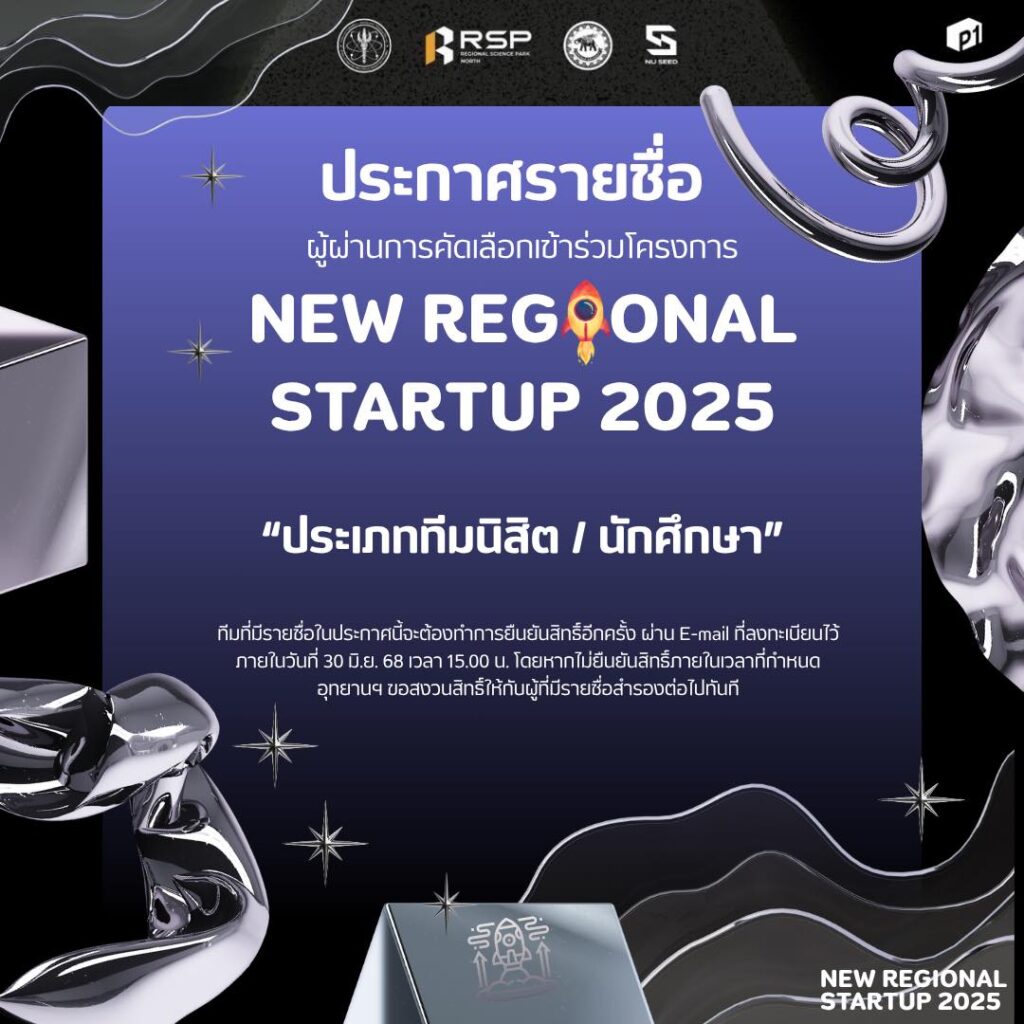 ประกาศรายชื่อผู้มีสิทธิ์เข้าร่วมโครงการ New Regional Startups #P1 “ประเภททีมนิสิต/นักศึกษา”